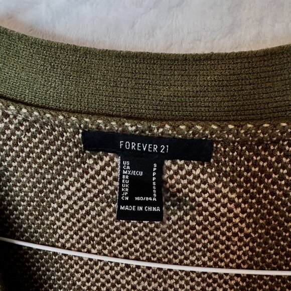 Forever 21 Women's Loose Fit Cardigan Size S Smiley Face Green Tan Jacquard Knit - Picture 2 of 8